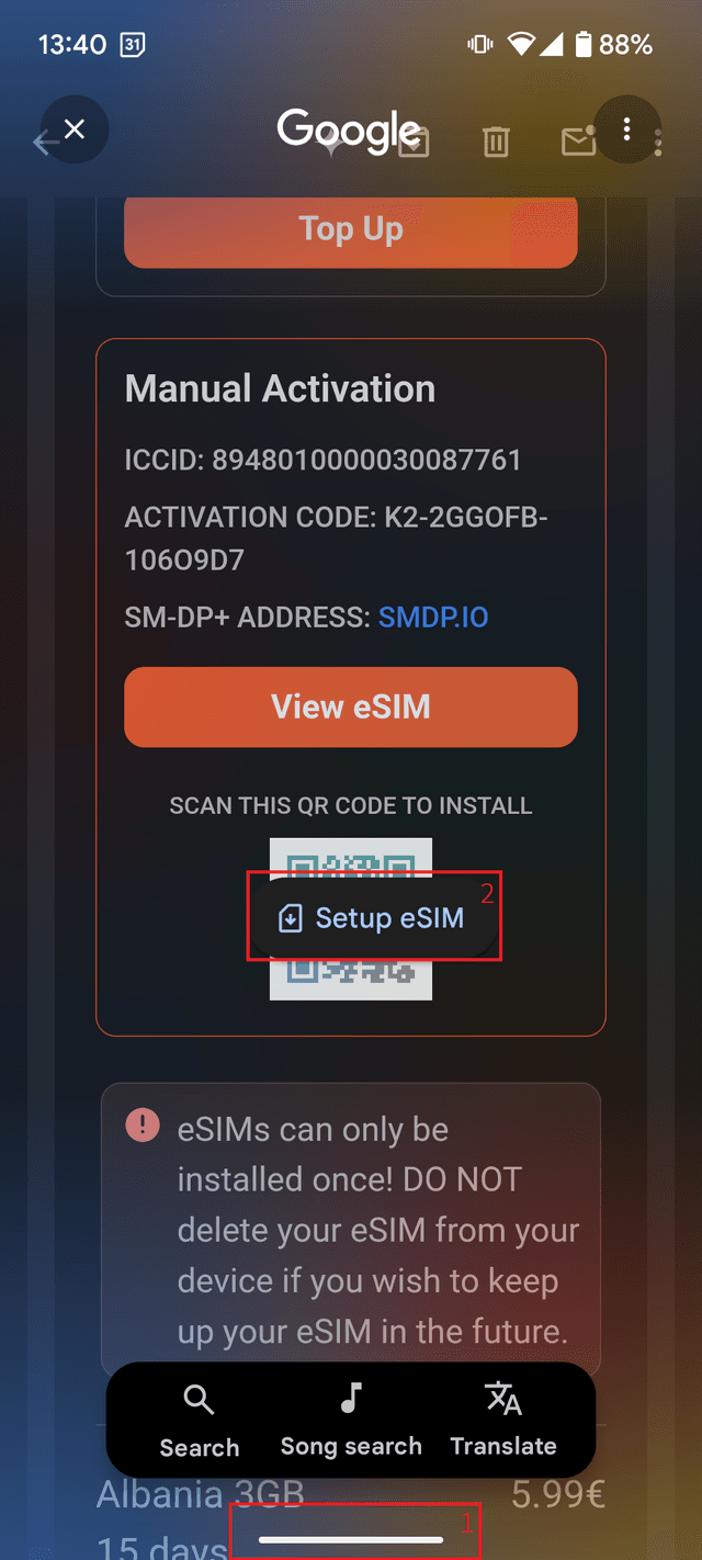 Ekrani i instalimit të mençur të eSIM në Android