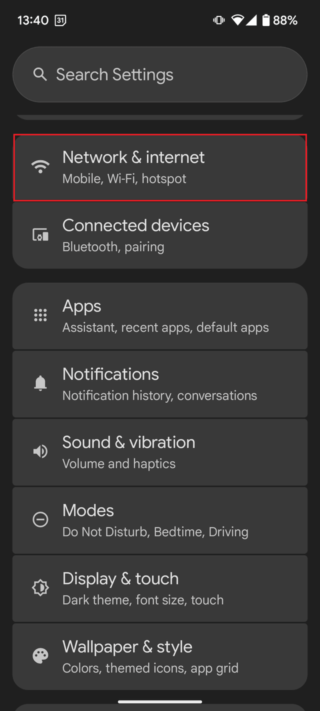 Pjesa e Network & Internet në Settings