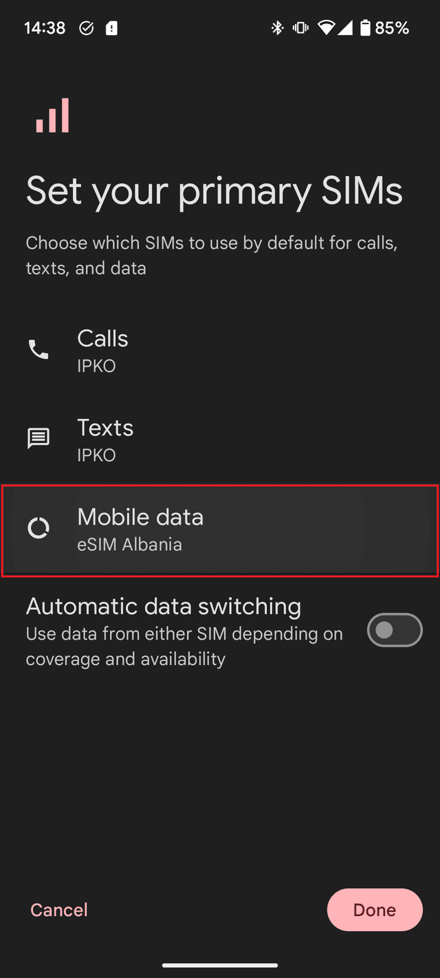 Pjesa e Mobile Data në Settings