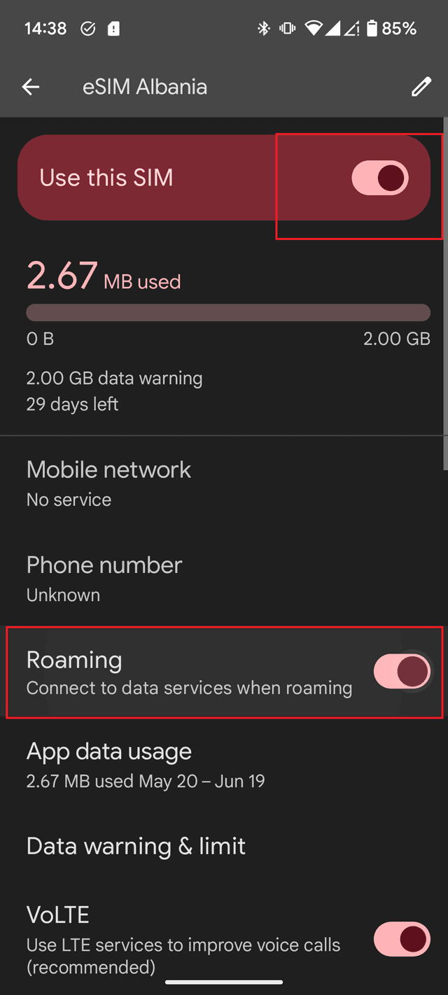 Pjesa e Data Roaming në Settings