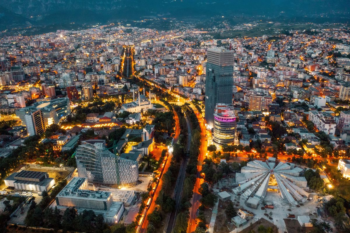 Twilight Glow over Tirana: Cityscape at Dusk